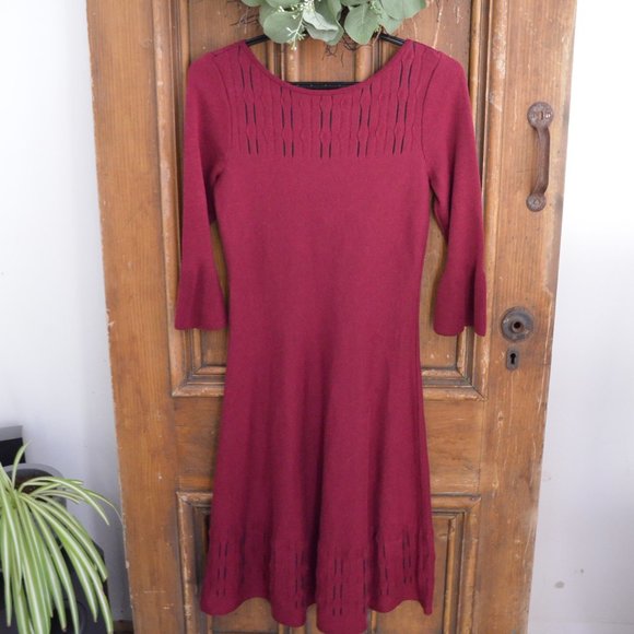 Nic & Zoe Burgundy Illusion Twirl Knit Sweater Dress Womens Size XS Bell Sleeves - Picture 5 of 15